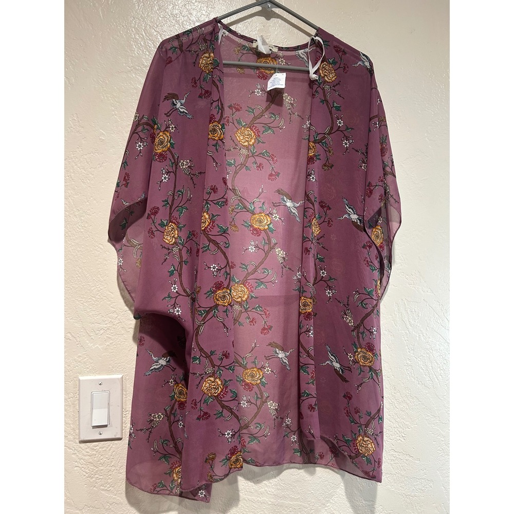 Ambiance Kimono Wrap‎ Purple Floral Crane Print Chiffon Cardigan NWT Medium